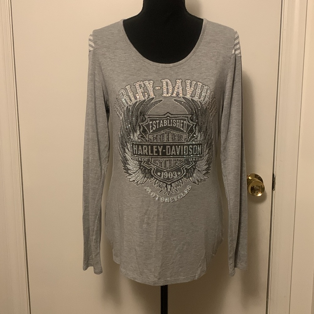 Hardly-Davidson Women’s Winged B&S Embellished Scoop Neck Long Sleeve size L